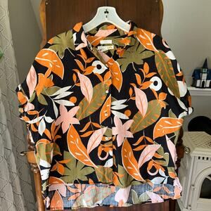 C&C California Large Tropical 100% Linen Short Sleeve Black Orange Green Top